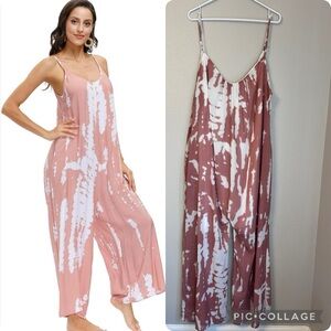 Tie-Dye Wide Leg Romper Jumpsuit - Dusty Rose & White